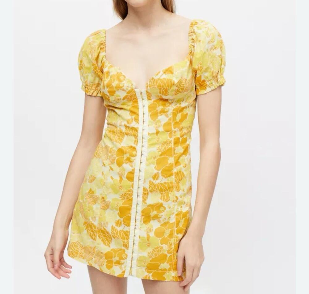 Urban Outfitters Mini Dress Size XS Yellow Floral Print Britney Hook and Eye UO
